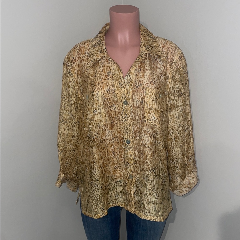 Ruby Rd Leopard Print Sheer Button-Up Blouse - image 1